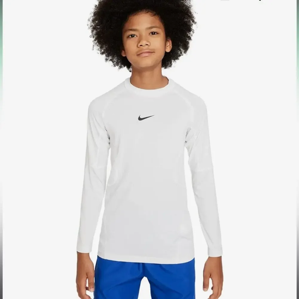 Nike Pro Big Kids' Dri-FIT Long-Sleeve Crewneck Tee White medium